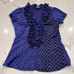 Dots Vintage 90s Y2K Ruffle Polka Dot Satin Blouse Womens M Royal Blue Puff SLV